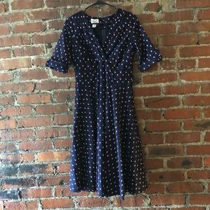 Unique Vintage Swing Dress. Navy and Windmills.